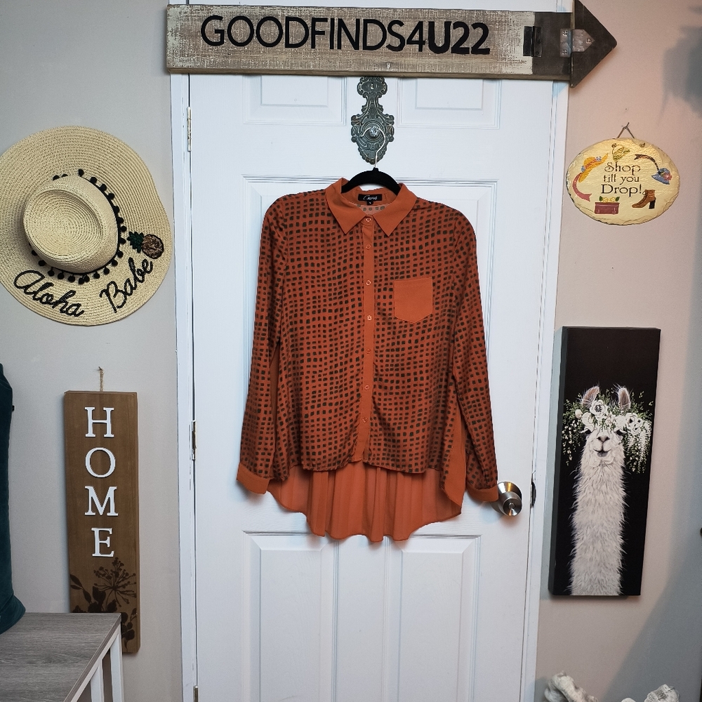 Cecice Orange Pleated Geometric Print Lightweight Retro Button Up Blouse Small
